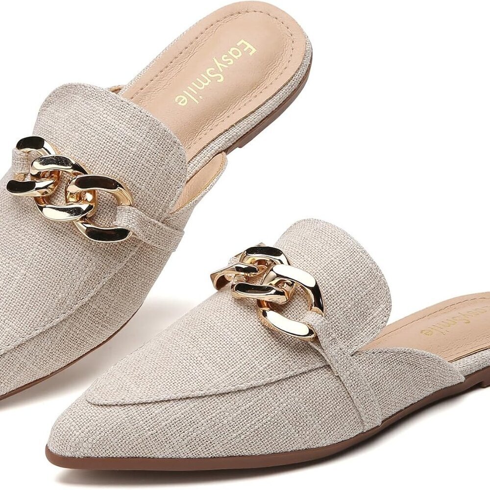 Women Flat Mules Synthetic Metal Chain Decor Pointed Toe Slip On Shoes